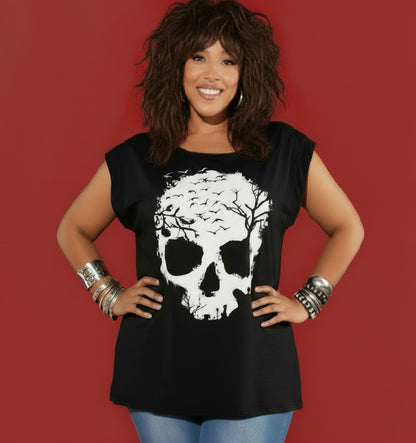 Woman wearing a black sleeveless top with a white skull design on a red background