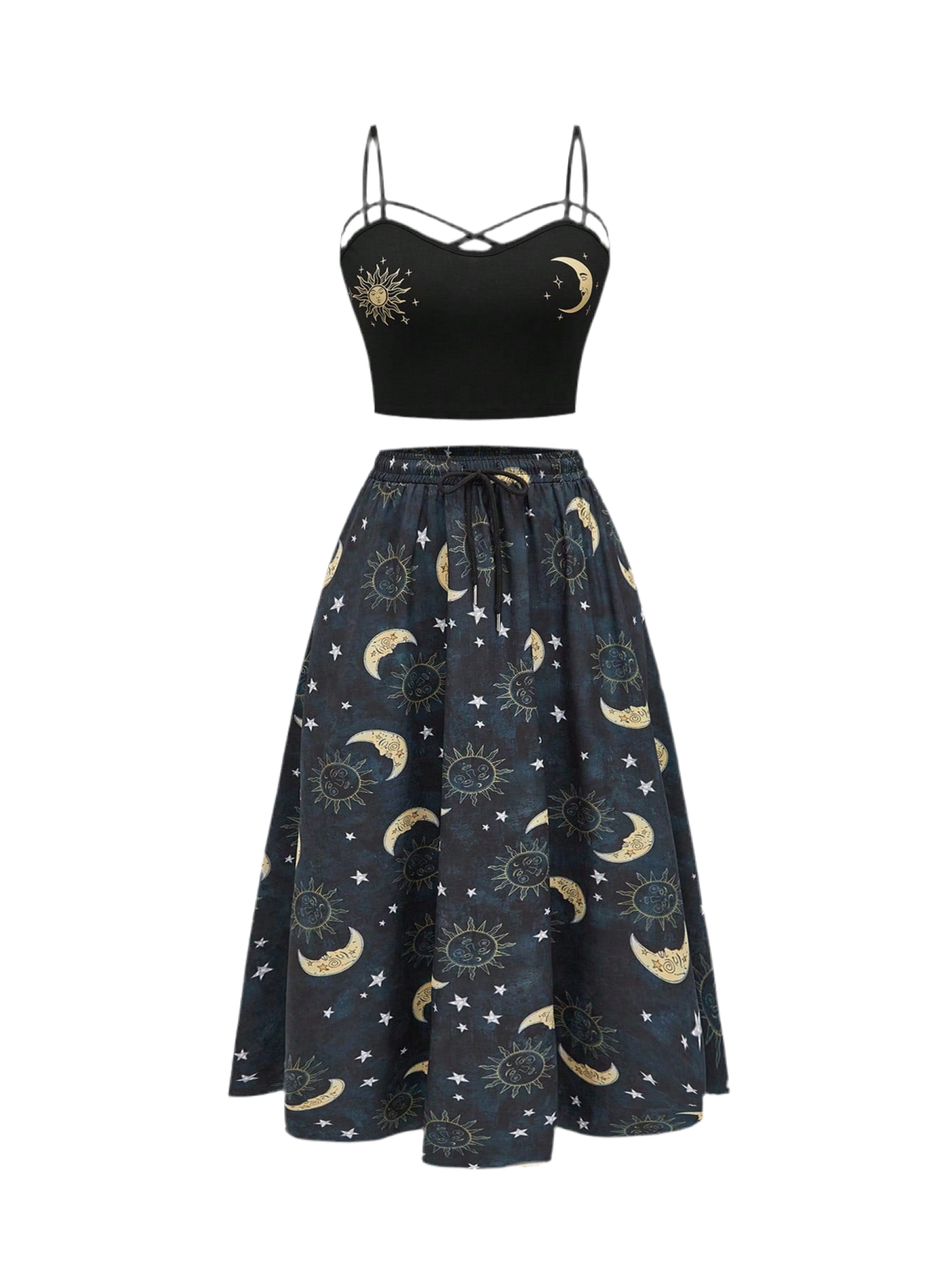 Gothic two-piece set with dark botanical print - alternative fashion featuring tank top and midi skirt in inclusive sizing S-4XL