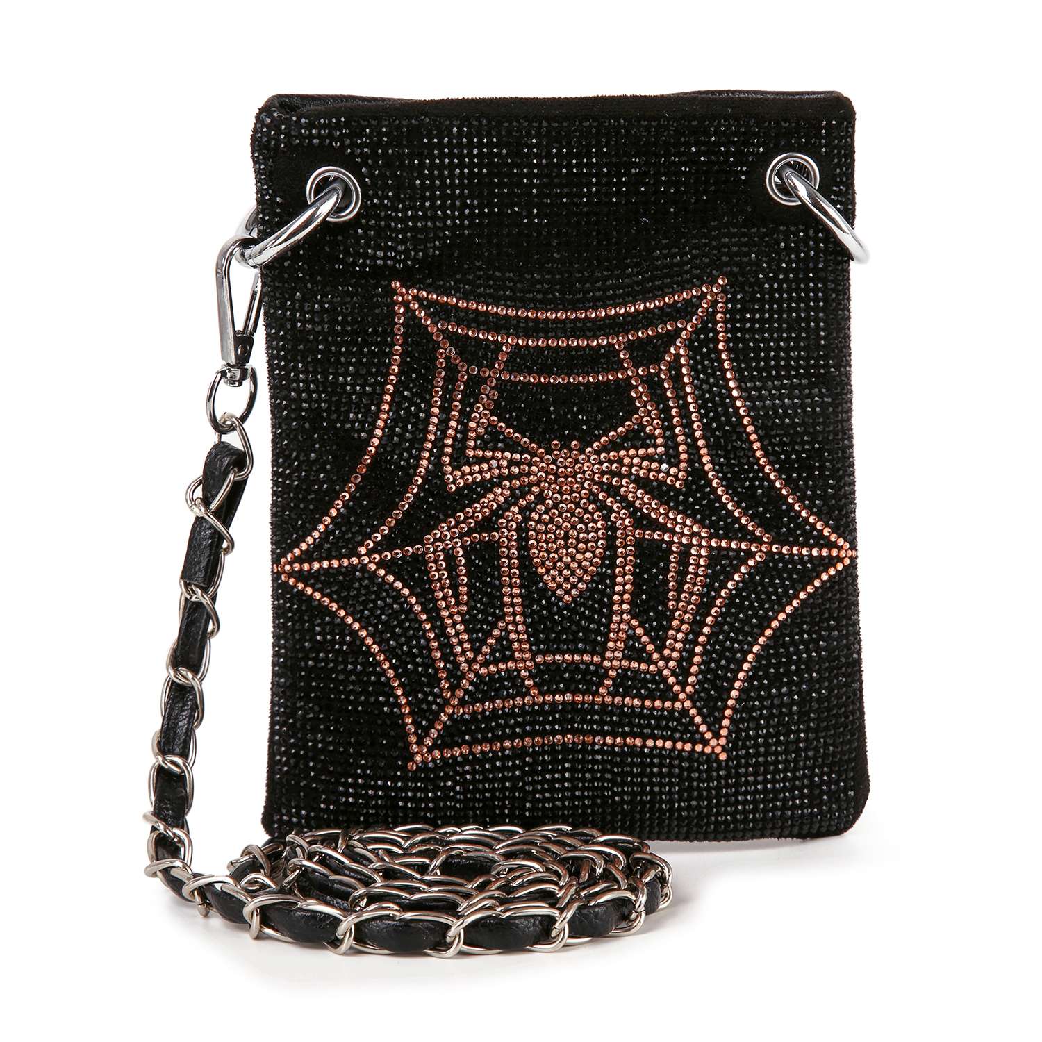 Black beaded purse with spider web design and chain strap on a white background