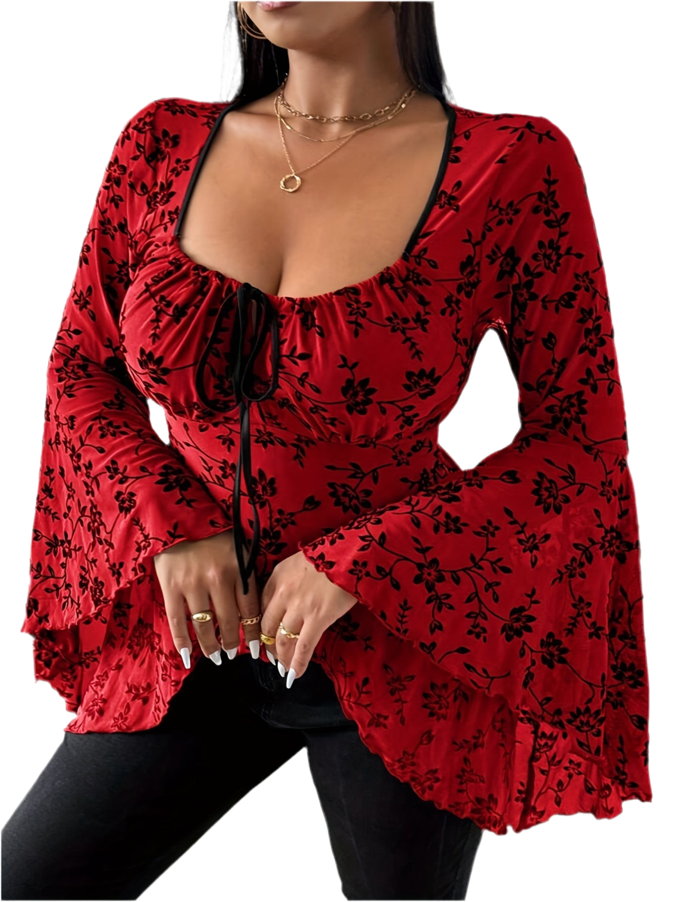 Blood Blossom gothic floral top with puffed sleeves and bows
Alternative fashion gothic blouse in crimson floral print
Edgy punk rock top with gothic romantic elegance
