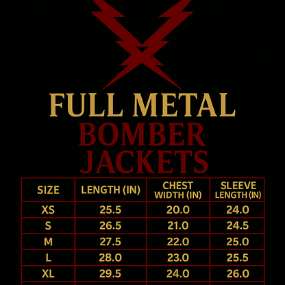 Size chart for Full Metal Bomber Jackets with red and gold text on a black background.