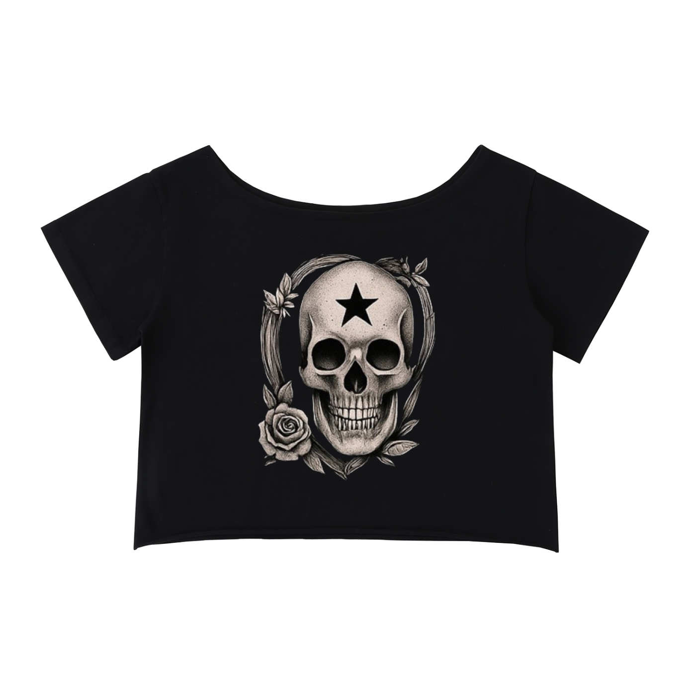 Bonewhite Off-Shoulder gothic cotton t-shirt
Alternative fashion off-shoulder tee with rolled hem
Edgy punk rock off-shoulder top for women