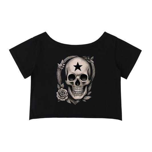 Bonewhite Off-Shoulder gothic cotton t-shirt
Alternative fashion off-shoulder tee with rolled hem
Edgy punk rock off-shoulder top for women