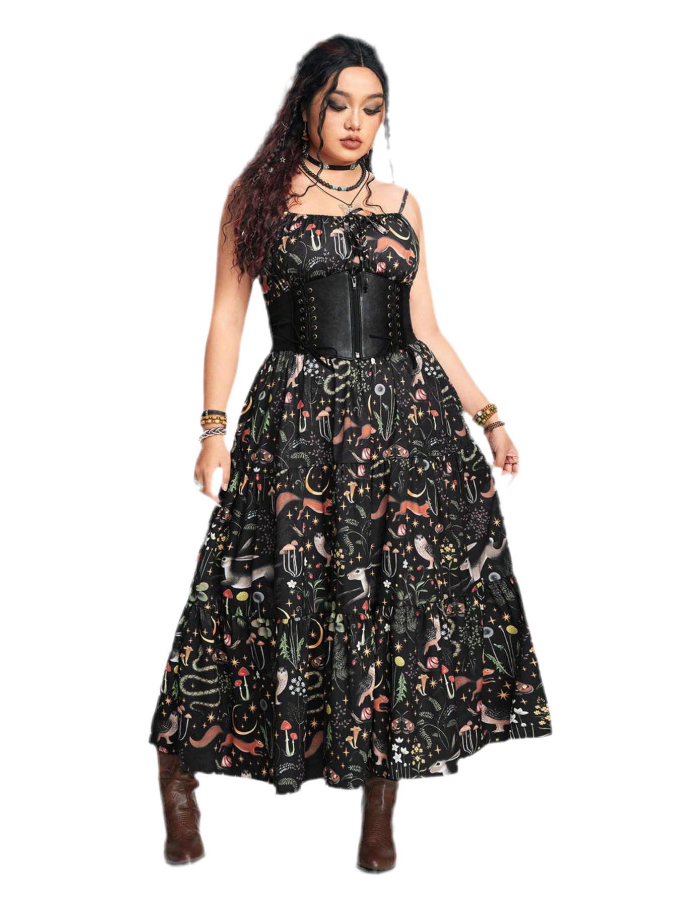 Gothic A-line dress with bunny and botanical print - dark romantic fashion featuring slim fit and inclusive sizing S-5XL
