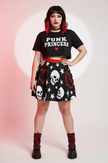 Heartwired Skater Skirt | High-Waisted Flared Mini Skirt (Skulls + Stars + Barbed Hearts)