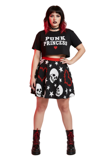 Heartwired Skater Skirt | High-Waisted Flared Mini Skirt (Skulls + Stars + Barbed Hearts)