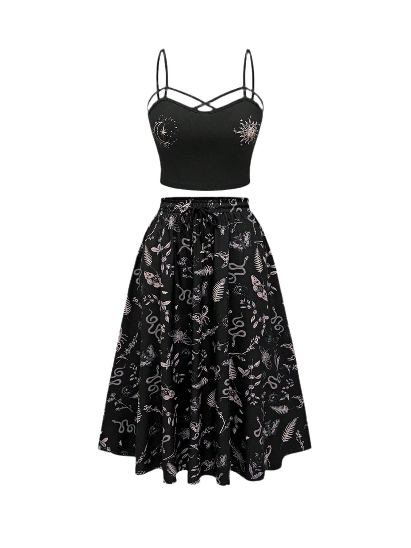 Gothic two-piece set with dark botanical print - alternative fashion featuring tank top and midi skirt in inclusive sizing S -4XL