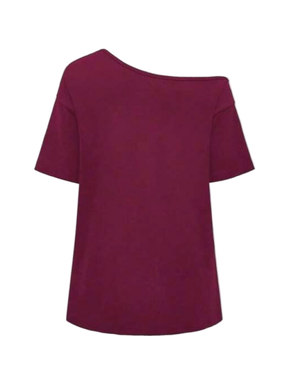 Back: Solid deep wine fabric with relaxed drape and off-shoulder neckline.