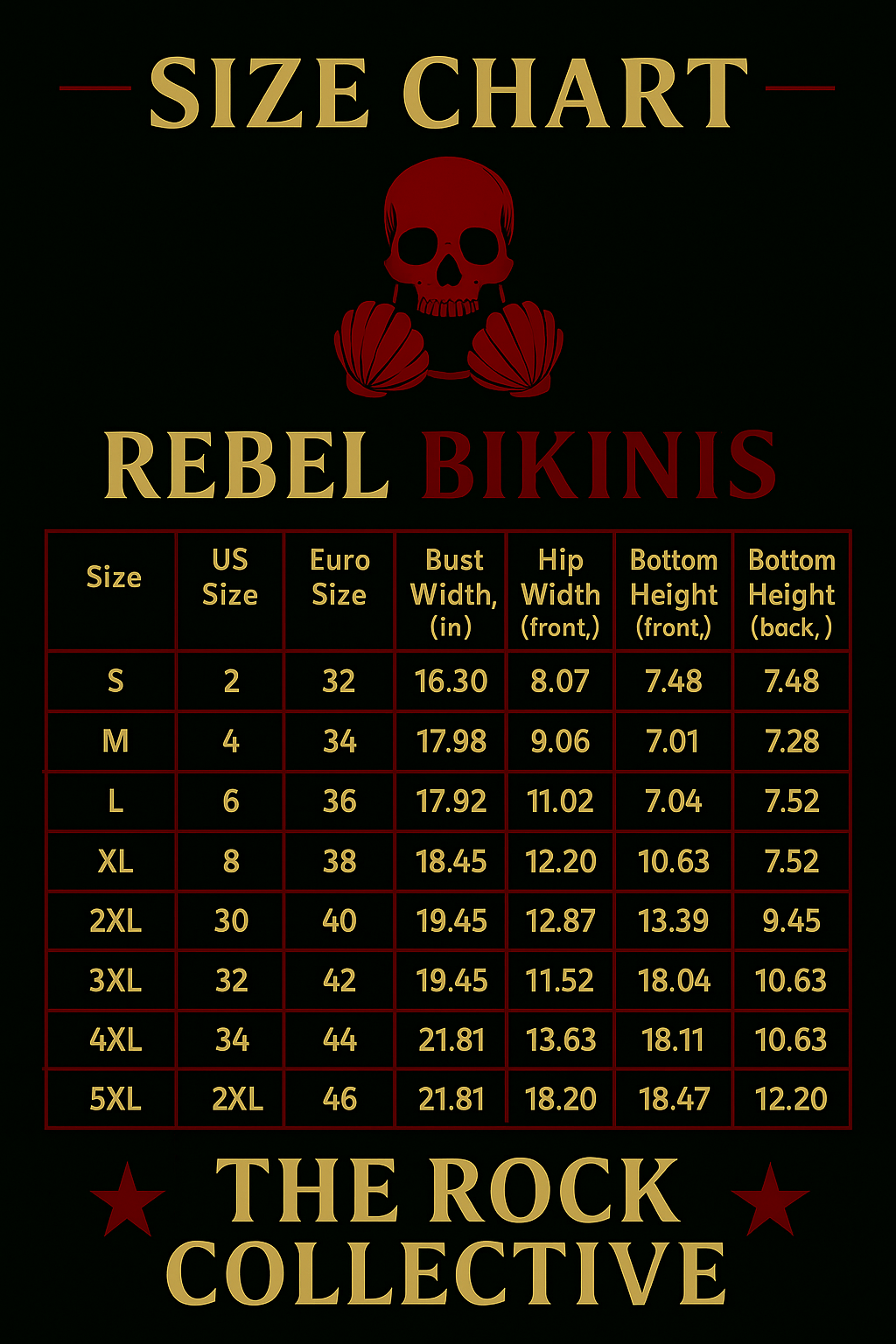 Size chart for Rebel Bikinis by The Rock Collective on a black background