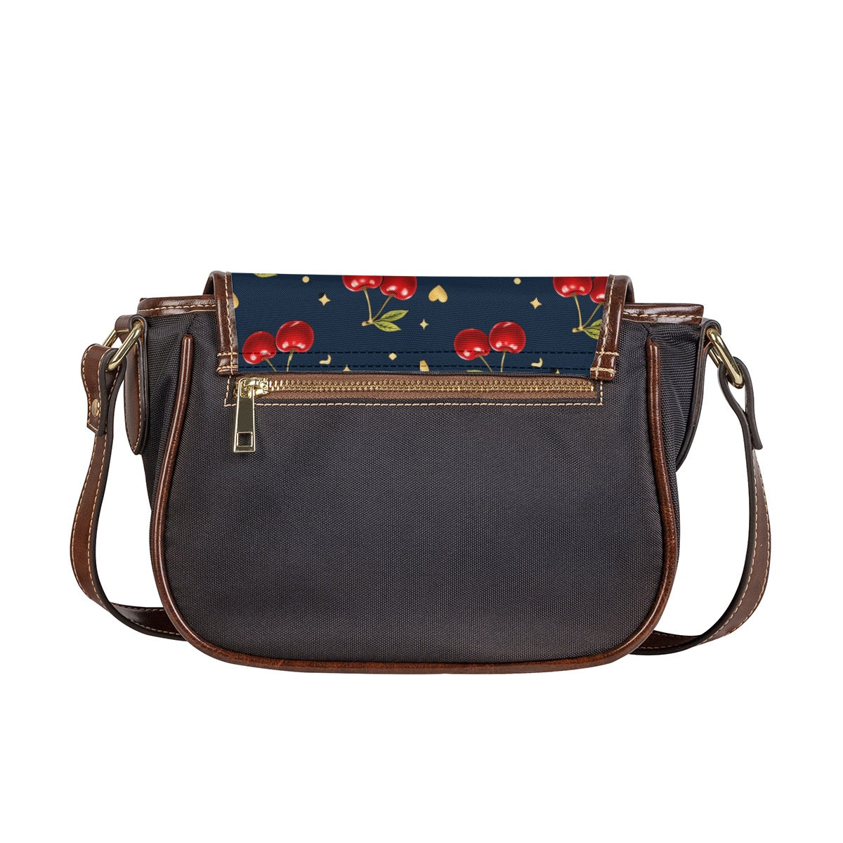 Back view of saddle crossbody bag showing dark body, brown trim, and back zipper pocket.