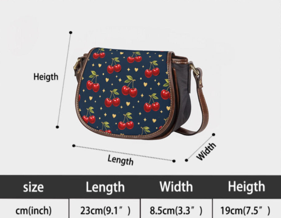 Size guide for saddle crossbody bag showing 23cm length, 8.5cm width, and 19cm height.
