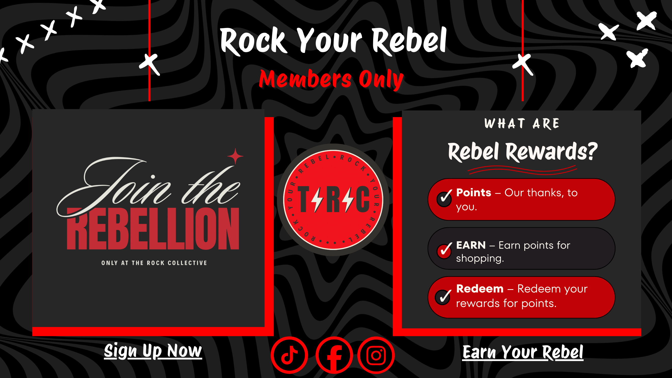 Promotional graphic for 'Rock Your Rebel' membership with text and logo on a black and red background.