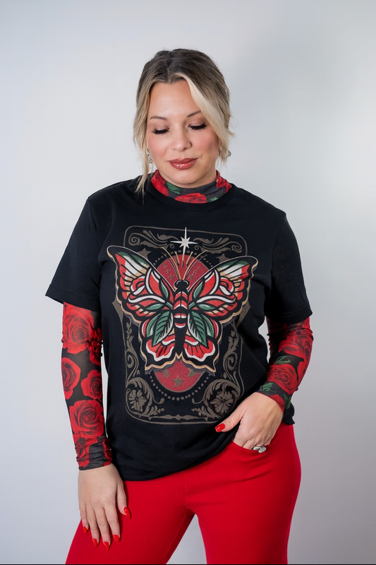 Crimson Flutter Tee — black flutter-sleeve top with crimson butterfly design
Gothic butterfly tee in dark romantic style
Alternative fashion flutter top with red accents