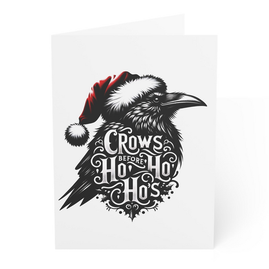 Illustration of a crow wearing a Santa hat with decorative text on a white background