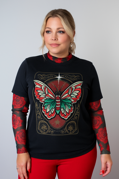Crimson Flutter Tee — black flutter-sleeve top with crimson butterfly design
Gothic butterfly tee in dark romantic style
Alternative fashion flutter top with red accents