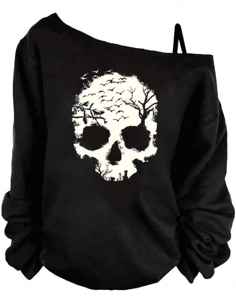 Off-shoulder black sweatshirt with white skull-and-tree design
