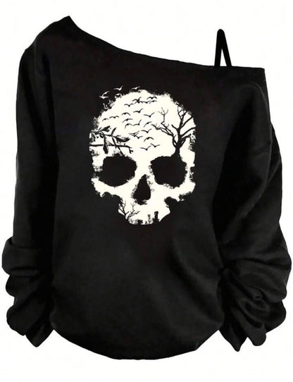 Off-shoulder black sweatshirt with white skull-and-tree design
