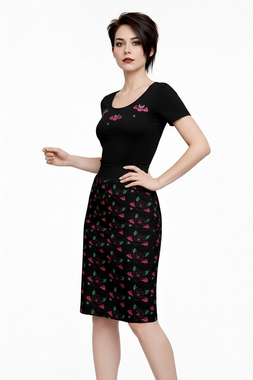 Woman wearing a black dress with colorful floral patterns on a white background