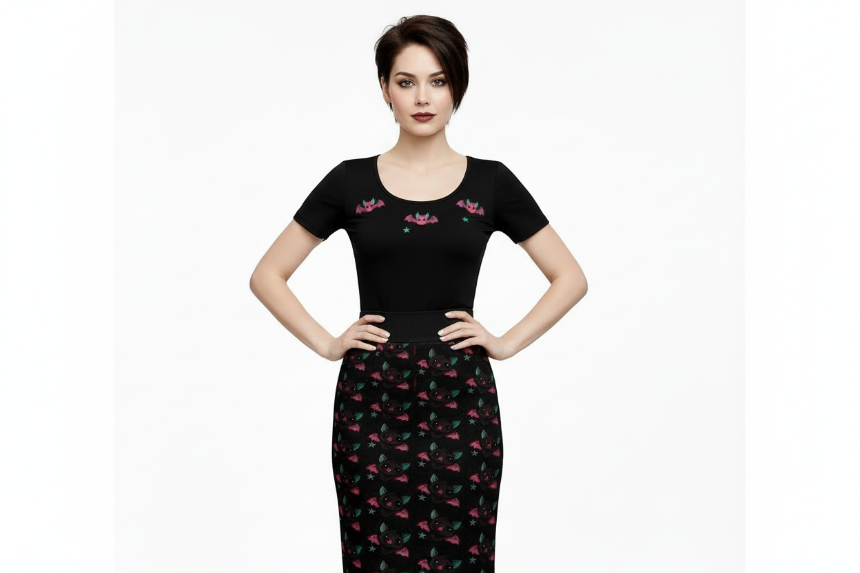 Woman wearing a black dress with pink floral patterns on a white background