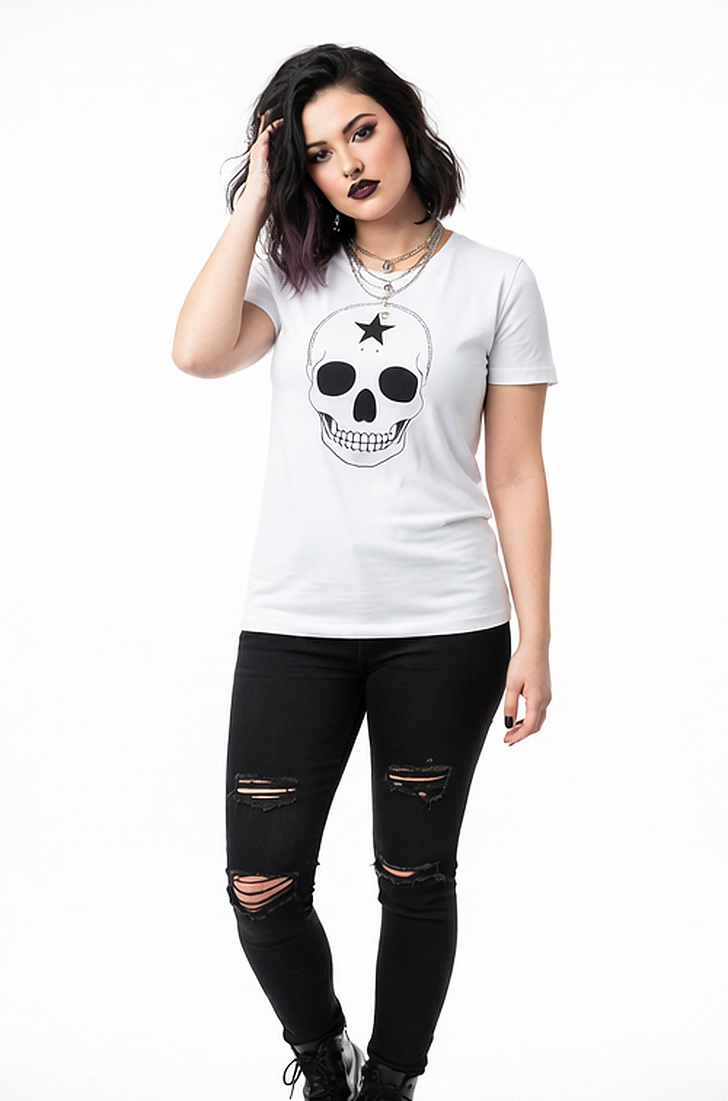 Model wearing The Midnight Crest Skull Tee
