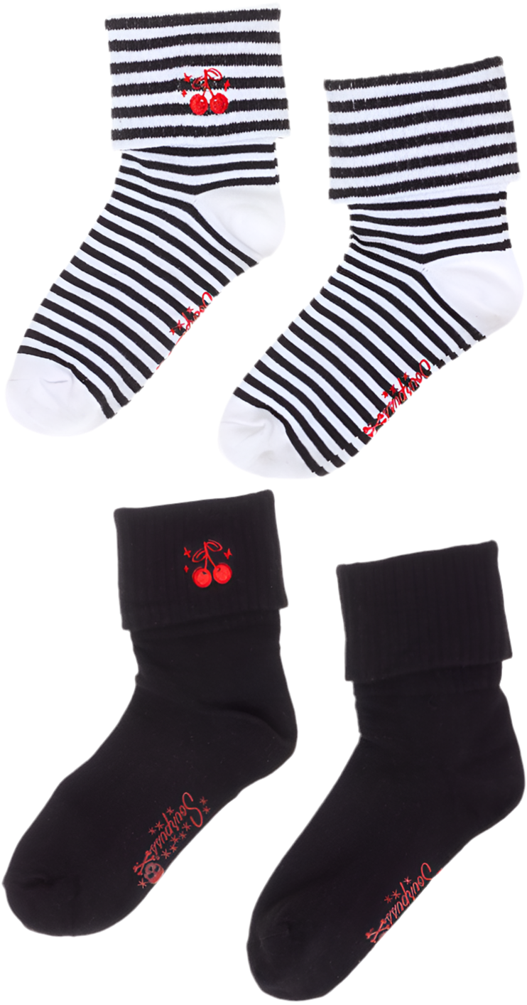 Sourpuss cherry socks set of two in gothic punk style
Gothic novelty socks with cherry print design
Alternative fashion crew socks with cherry motifs