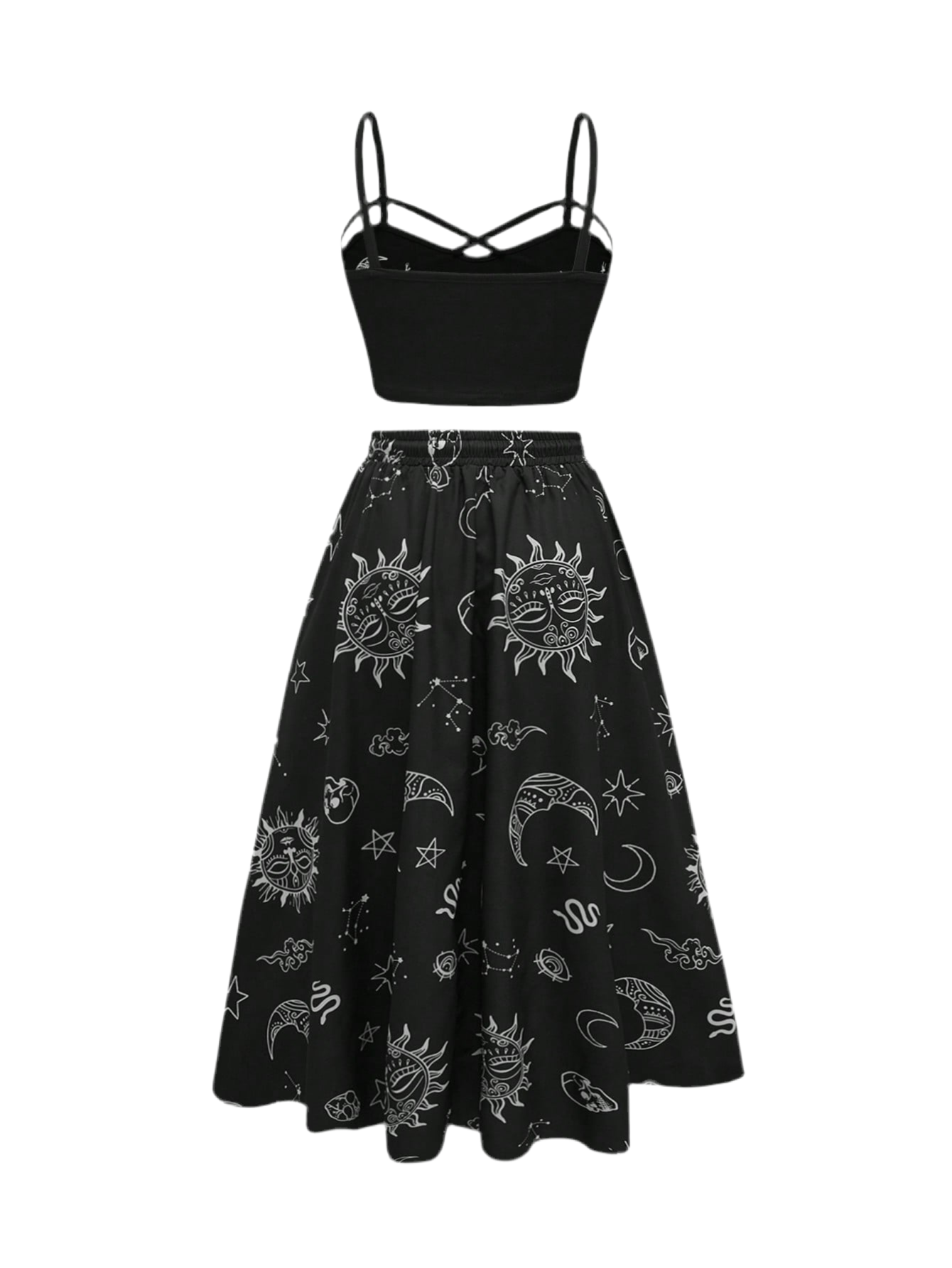 Gothic two-piece set with dark botanical print - alternative fashion featuring tank top and midi skirt in inclusive sizing S-4XL