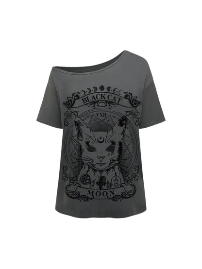 Alternative black cat t-shirt with drop shoulder - casual summer fashion featuring mystical feline design and inclusive sizing S-5XL