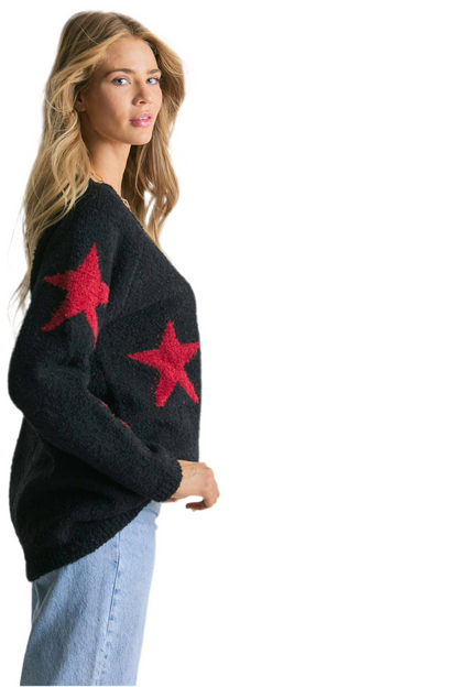 Oversized gothic sweater with star print design
V-neck grunge knit sweater with star motif
Alternative fashion oversized knit sweater in gothic style