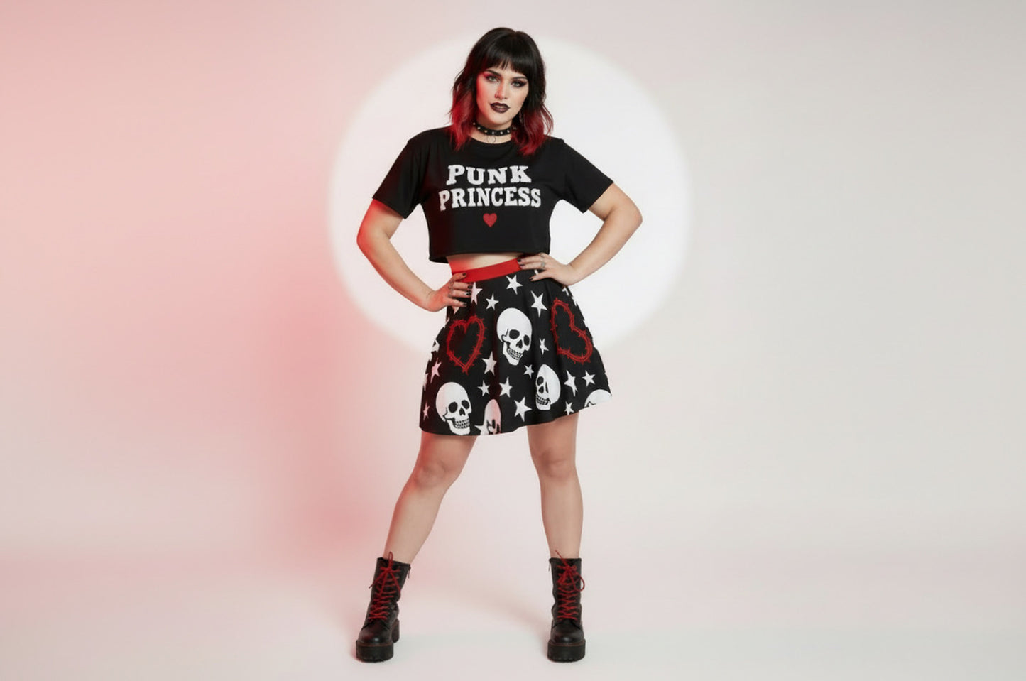 Heartwired Skater Skirt | High-Waisted Flared Mini Skirt (Skulls + Stars + Barbed Hearts)