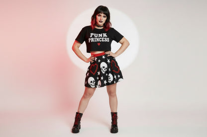 Heartwired Skater Skirt | High-Waisted Flared Mini Skirt (Skulls + Stars + Barbed Hearts)