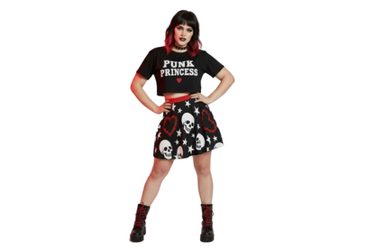Heartwired Skater Skirt | High-Waisted Flared Mini Skirt (Skulls + Stars + Barbed Hearts)