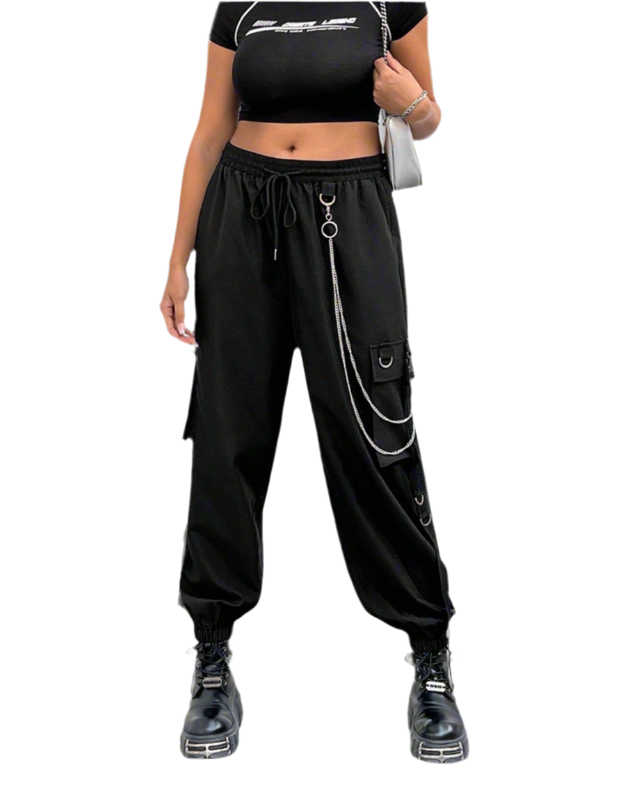Edgy cargo pants with chain details - alternative fashion featuring edgy design and inclusive sizing S-5XL