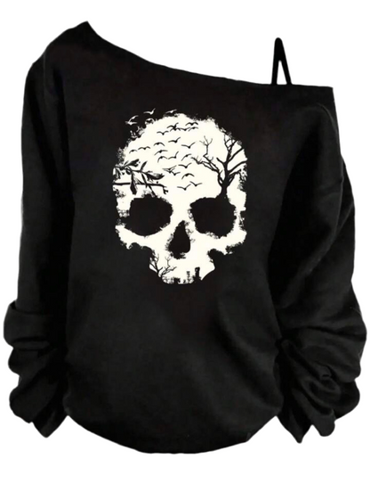 Off-shoulder black sweatshirt with white skull-and-tree design
