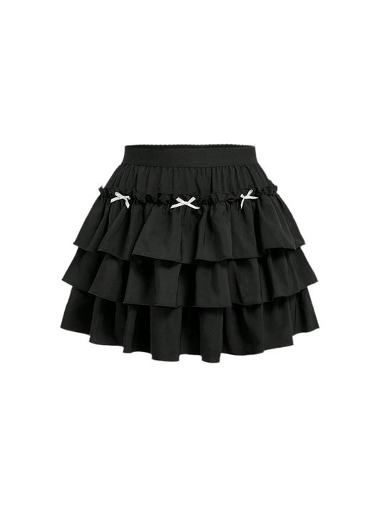 Gothic tiered black skirt with bow - dark romantic fashion featuring cake-style layers and inclusive sizing S-5XL
