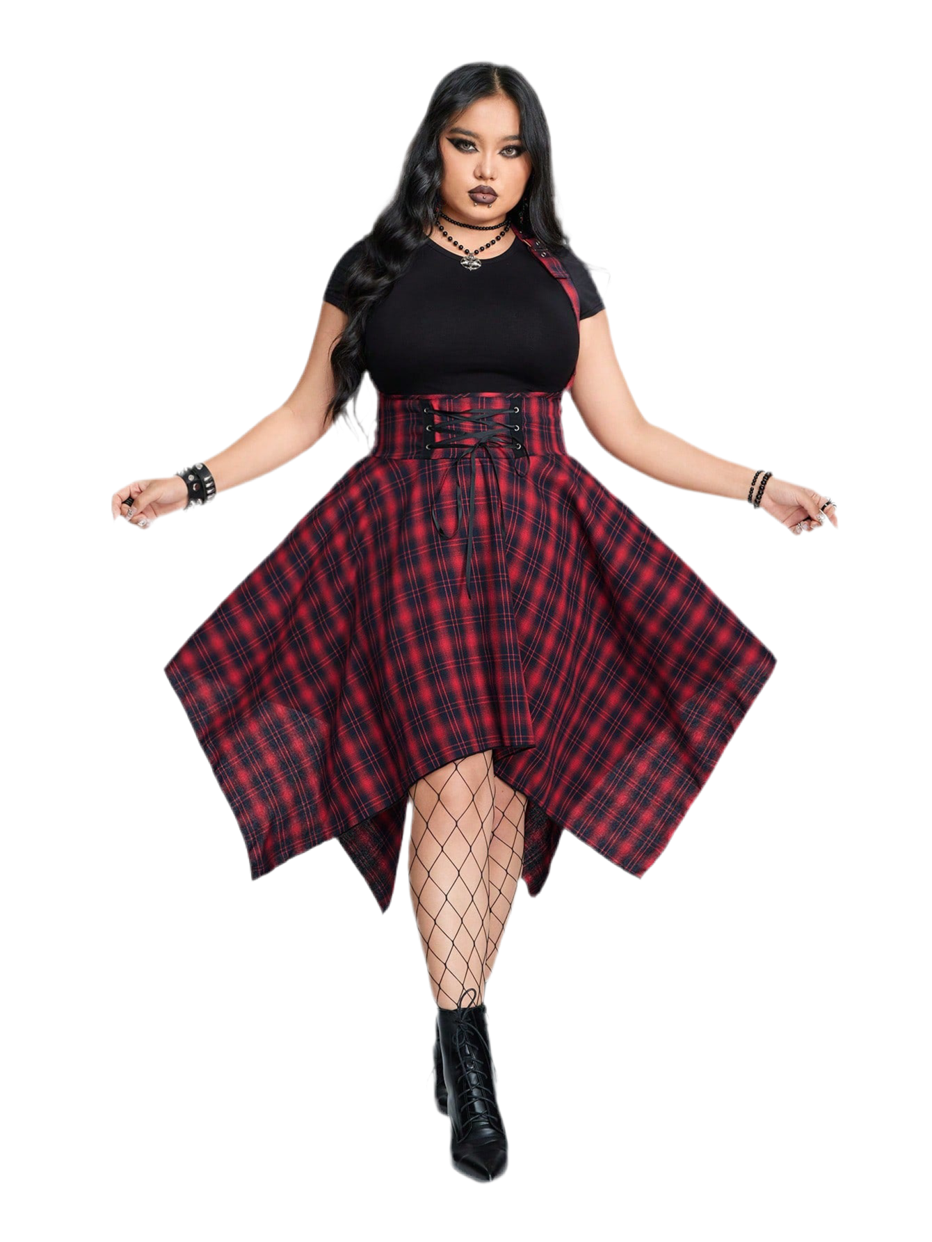 Grunge plaid jumpsuit dress - alternative Valentine's fashion featuring asymmetric hem and inclusive sizing S-5XL