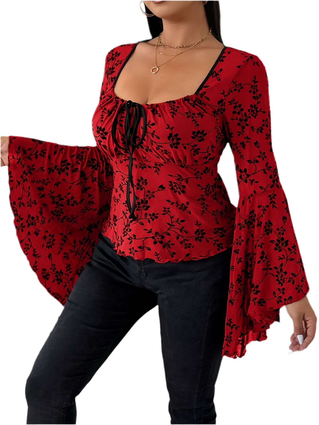 Blood Blossom gothic floral top with puffed sleeves and bows
Alternative fashion gothic blouse in crimson floral print
Edgy punk rock top with gothic romantic elegance
