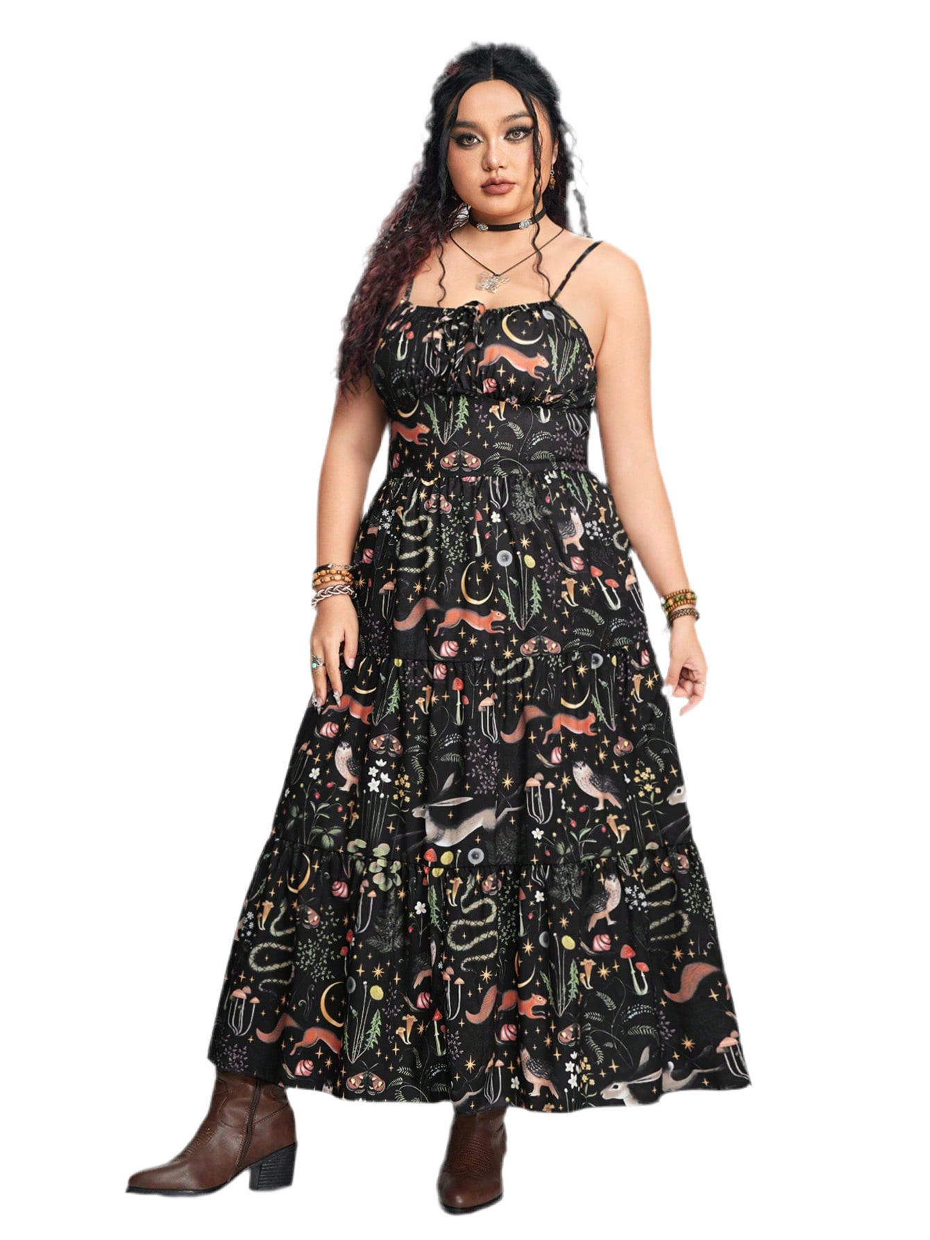Gothic A-line dress with bunny and botanical print - dark romantic fashion featuring slim fit and inclusive sizing S-5XL