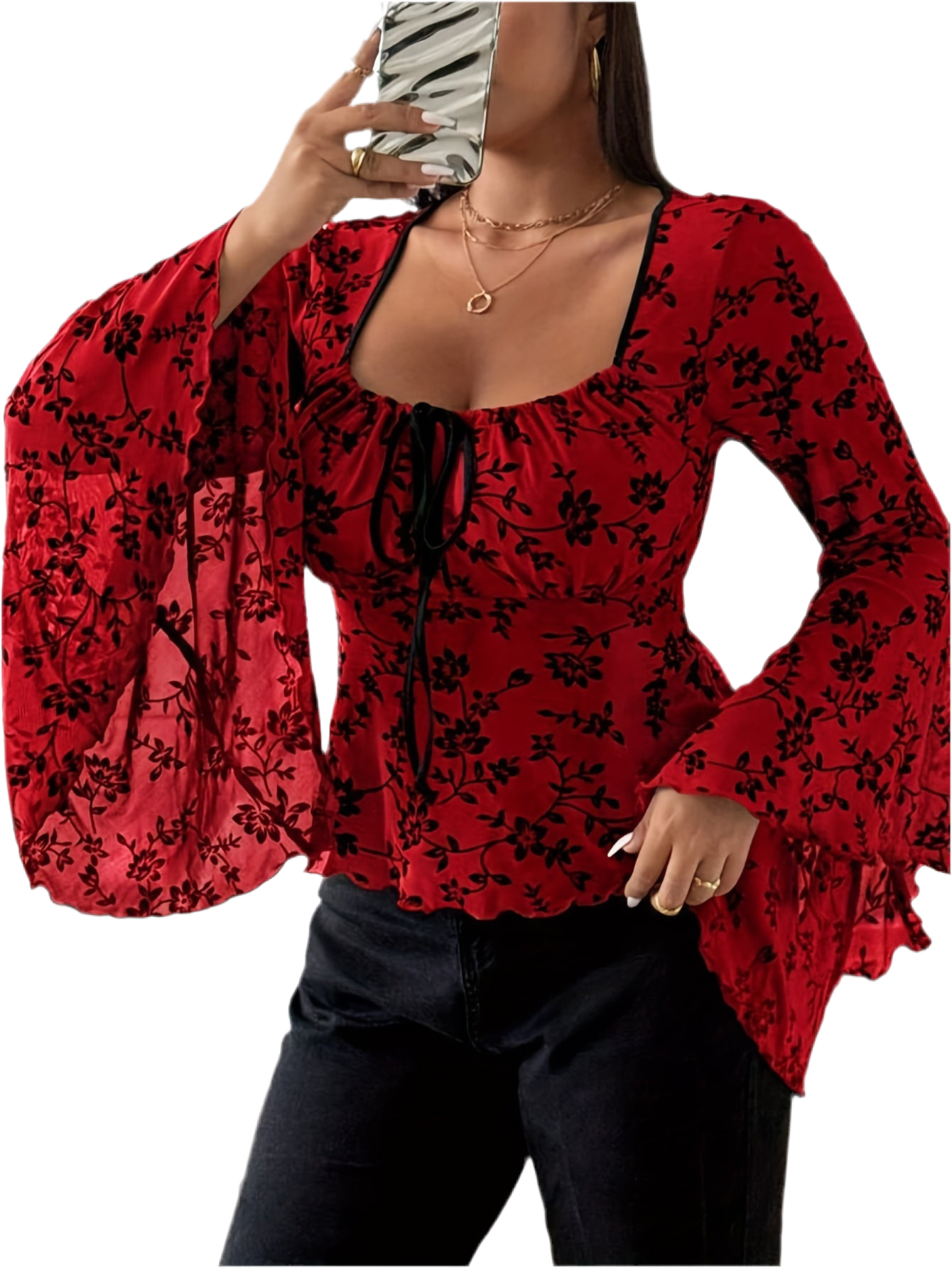 Blood Blossom gothic floral top with puffed sleeves and bows
Alternative fashion gothic blouse in crimson floral print
Edgy punk rock top with gothic romantic elegance
