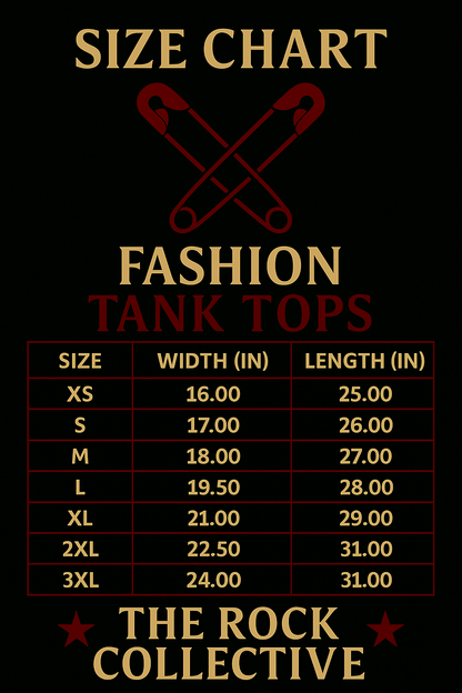 Size chart for fashion tank tops with measurements and 'The Rock Collective' branding on a black background.