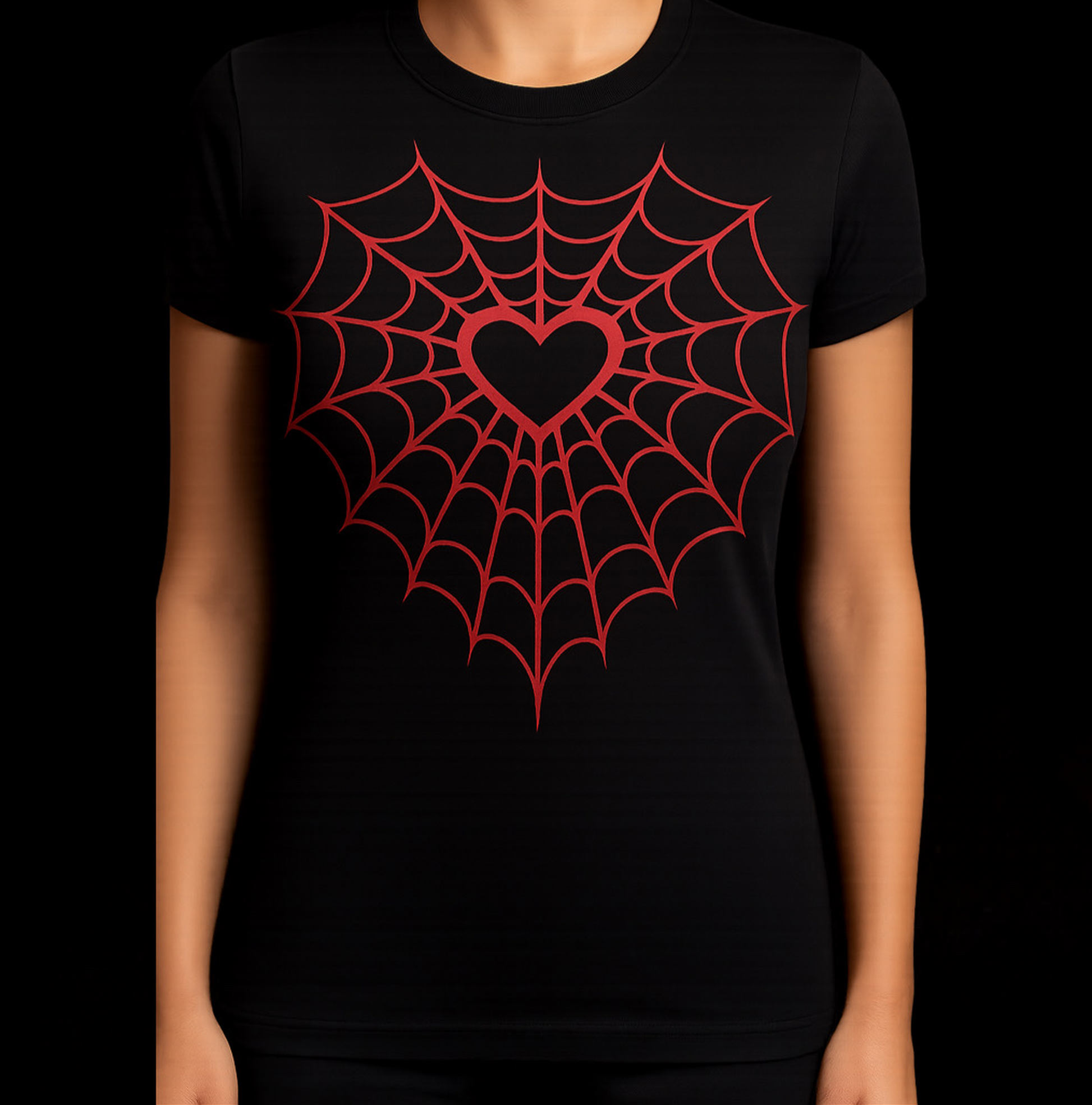 Black t-shirt with red spider web and heart design on a black background