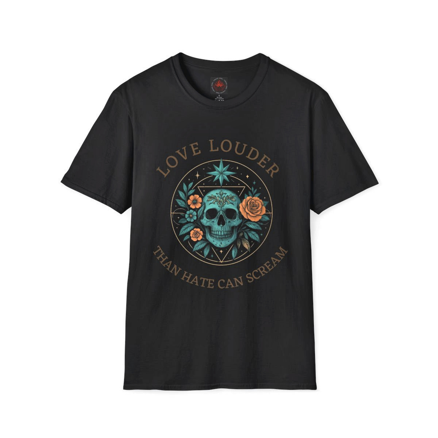 Black t-shirt with a graphic design and text on a white background