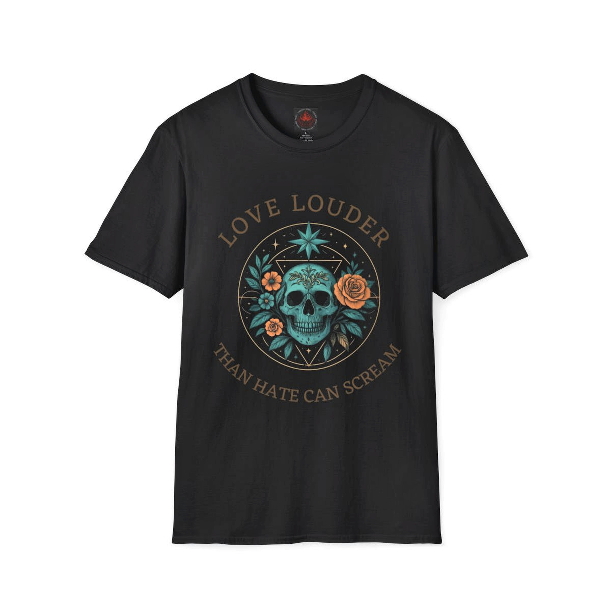 Black t-shirt with a graphic design and text on a white background