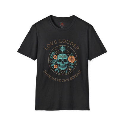 Black t-shirt with a graphic design and text on a white background