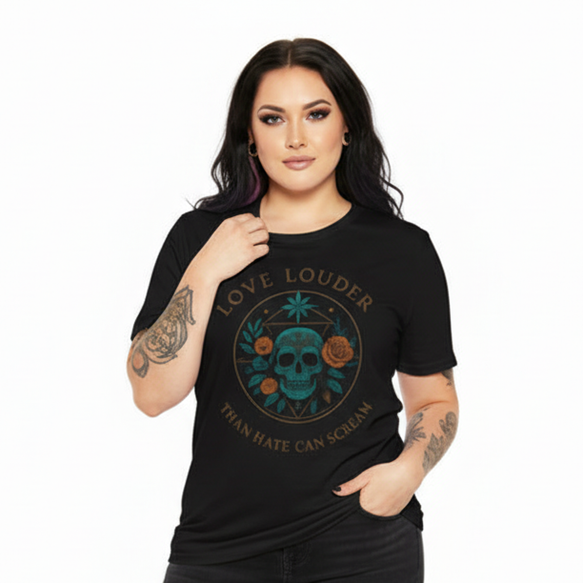 Woman wearing a black t-shirt with a skull design and text on a white background