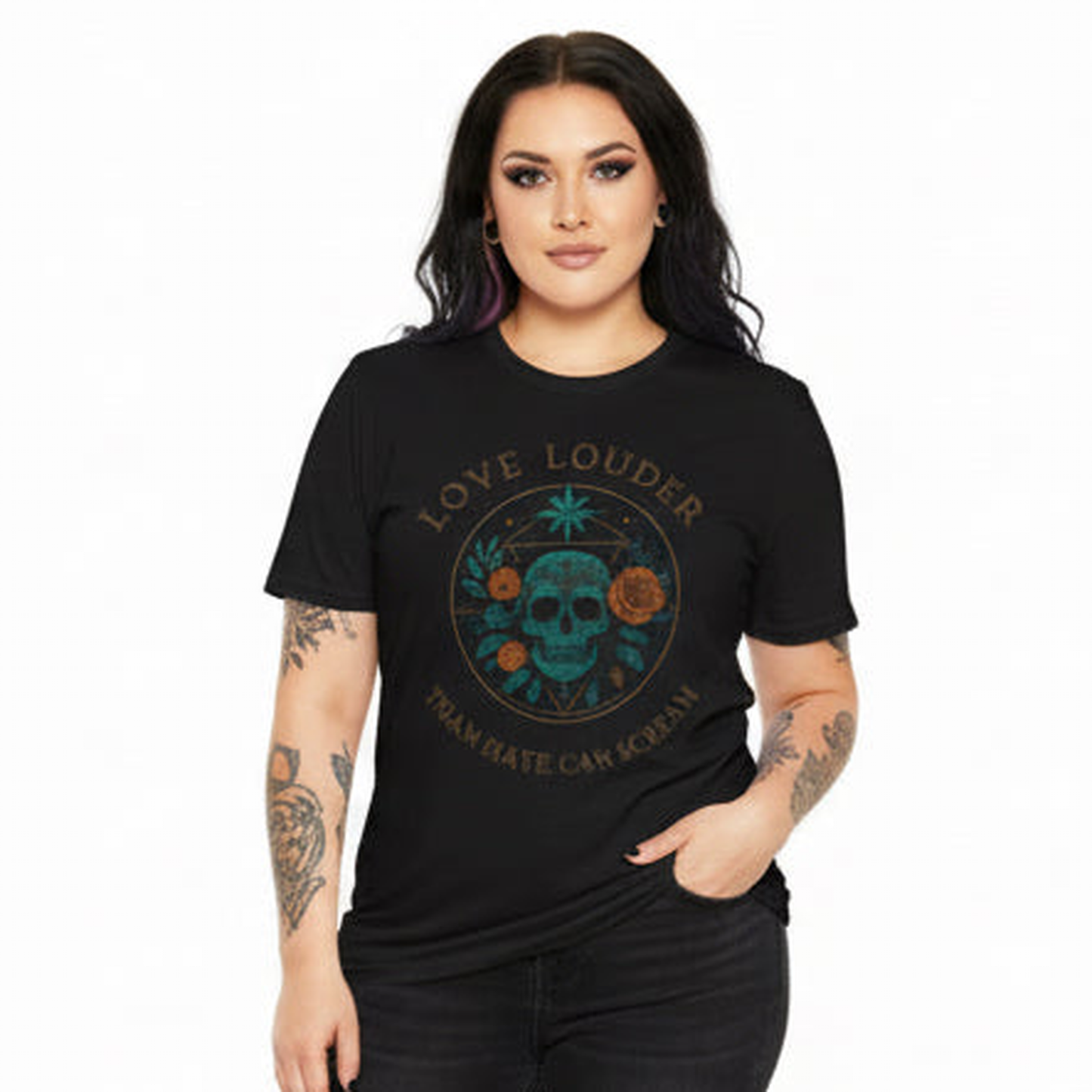 Woman wearing a black t-shirt with a skull design and text on a white background