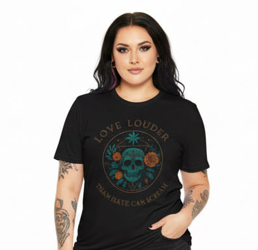 Woman wearing a black t-shirt with a graphic design and text on a white background