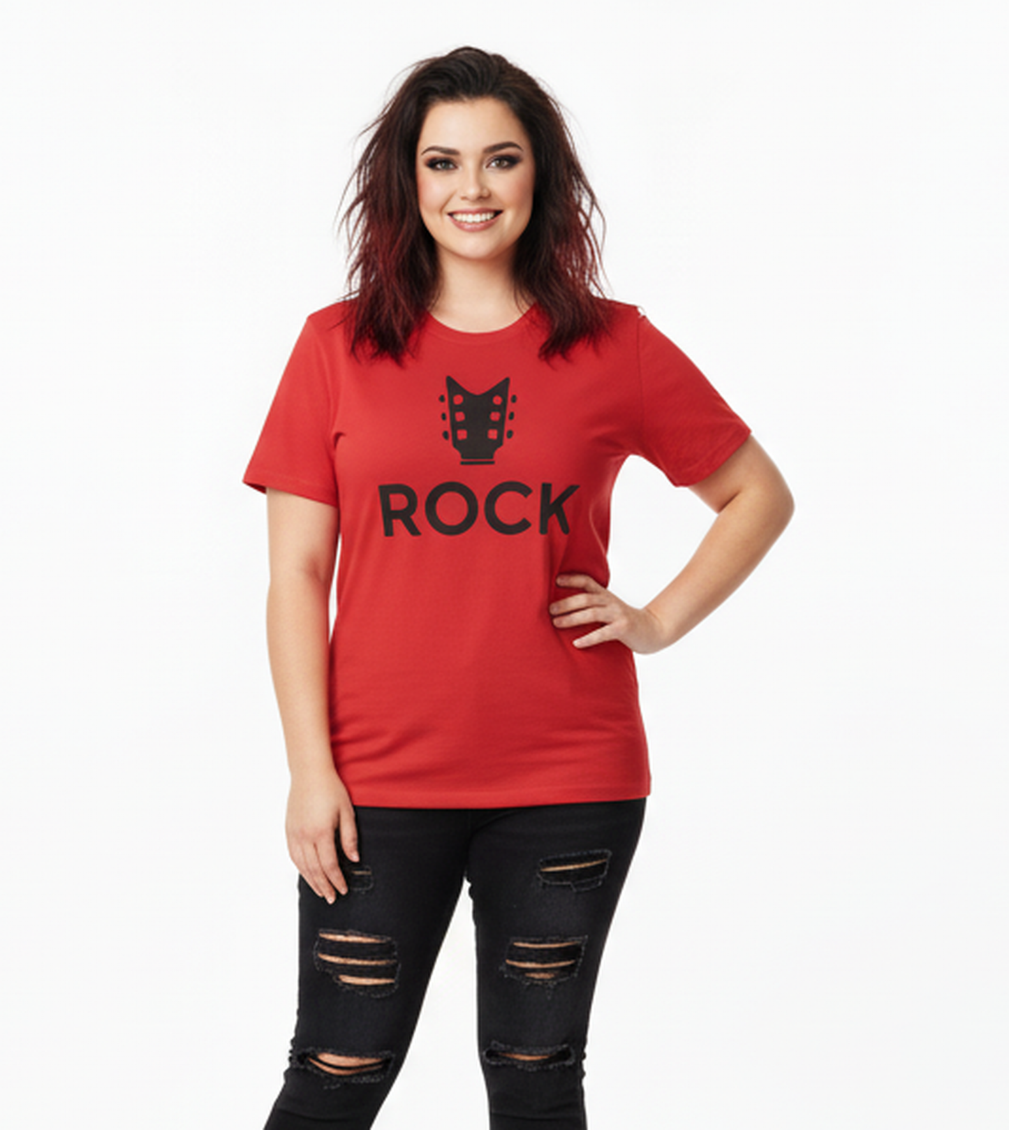 Woman wearing a red t-shirt with 'ROCK' and a graphic design on a white background