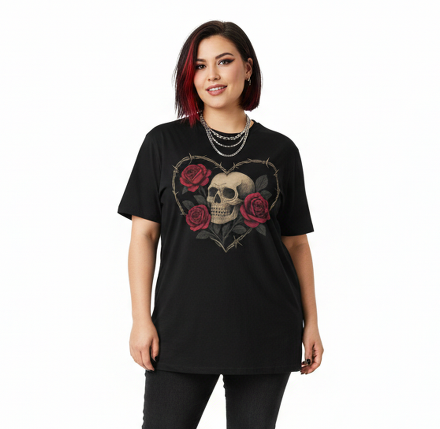 Woman wearing a black t-shirt with a skull and roses design on a white background