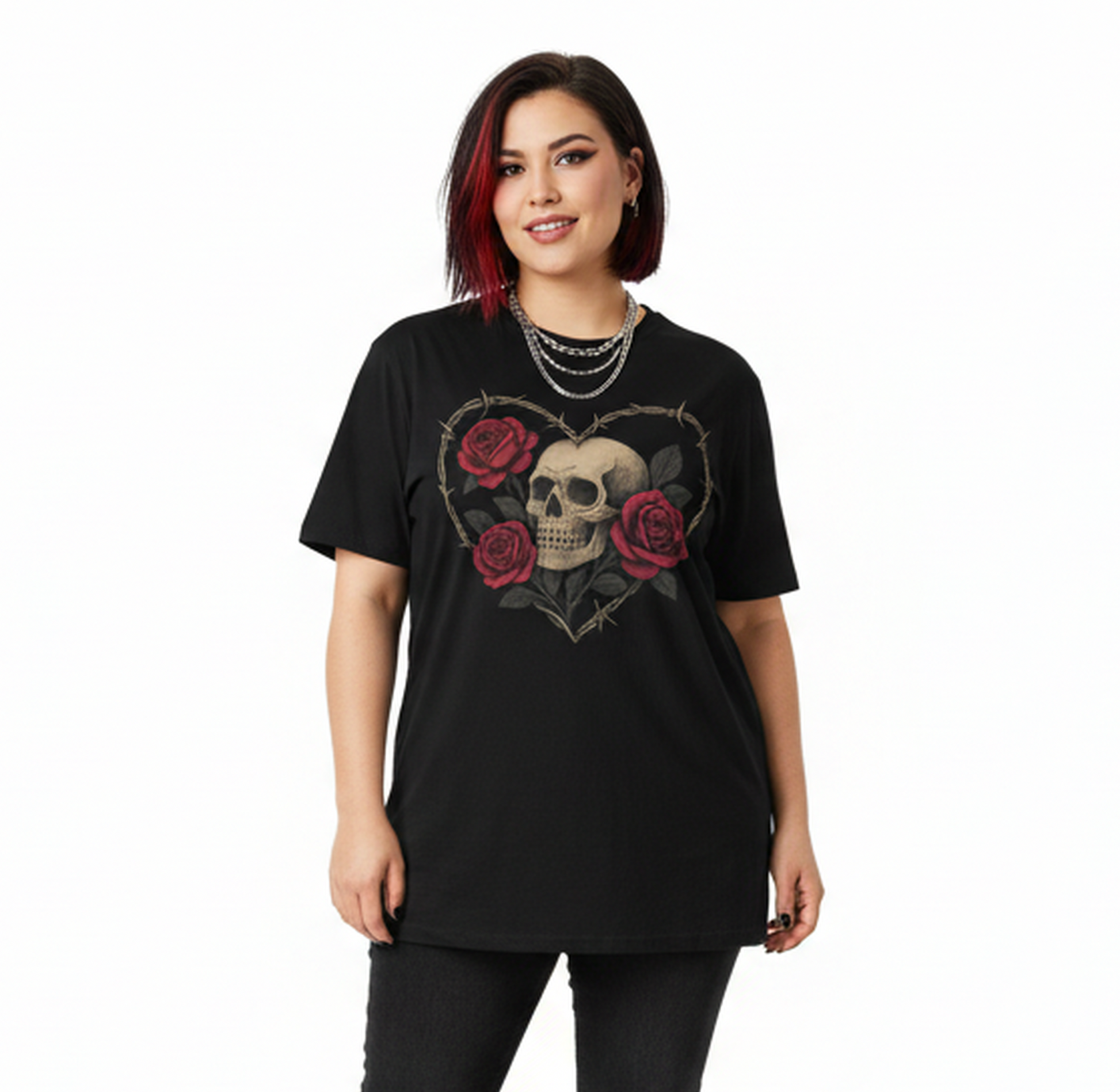 Woman wearing a black t-shirt with a skull and roses design on a white background