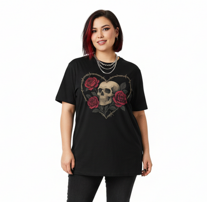 Woman wearing a black t-shirt with a skull and roses design on a white background